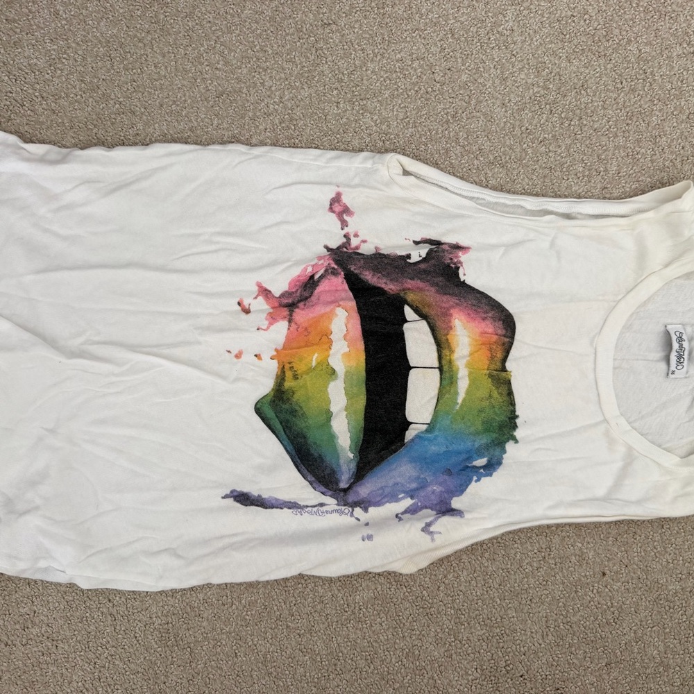 Lauren Moshi White Muscle Tee with Rainbow Lips Graphic